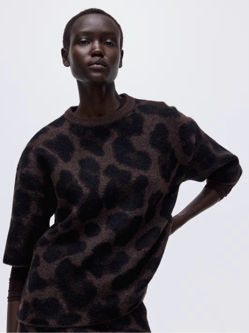 H&M Boxy Leopard Print Jacquard Knit Sweater – Brown Loose Fit Short Sleeve